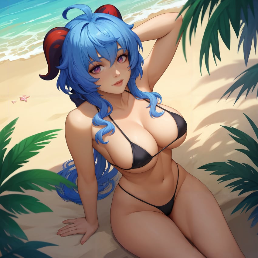 ai ai_generated beach bikini blue_hair ganyu_(genshin_impact) genshin_impact horn horns large_breasts long_hair sitting wavy_hair