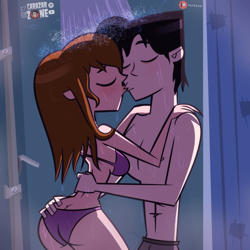 ally_(disventure_camp) bikini carazar_zone disventure_camp hunter_(disventure_camp) kissing odd_nation_cartoons shower swimming_trunks swimwear