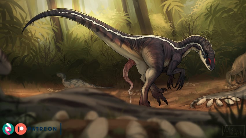 16:9 black_claws black_markings brown_body brown_scales claws cloacal_penis dinosaur dromaeosaurid erection feral forest forest_background genitals group hi_res male markings moonski nature nature_background penis pink_penis plant prehistoric_species reptile scales scalie solo_focus theropod tree velociraptor white_body white_markings white_scales widescreen