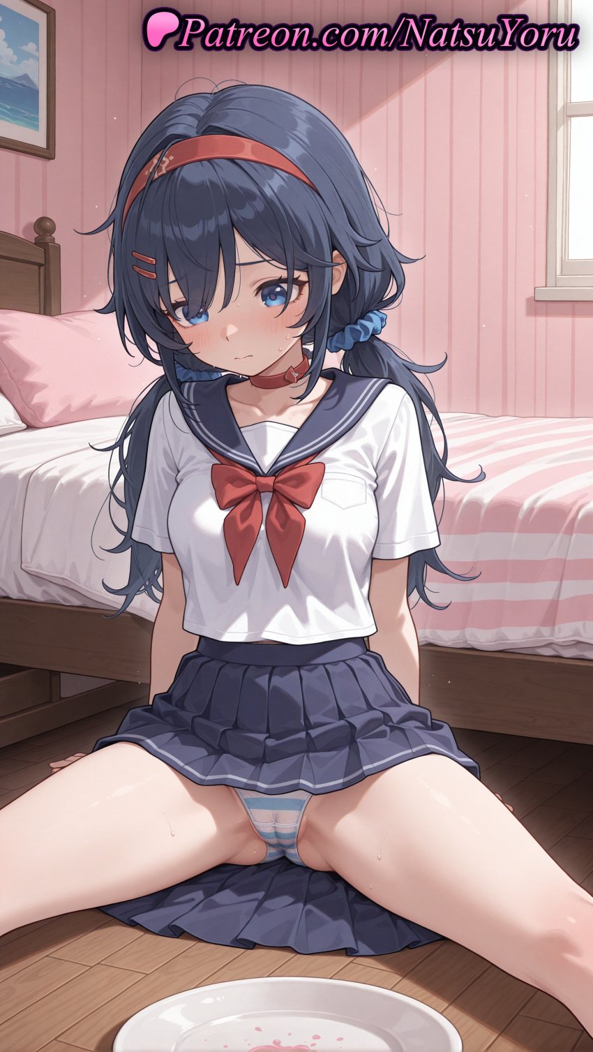 1girls ai_generated anime_style asian ass_visible_through_thighs bangs bed bedroom black_hair blue_eyes blue_hair blue_panties blue_sailor_collar blue_scrunchie blue_skirt blush bow bowl bowtie breasts bust busty cameltoe choker closed_mouth collarbone crazy_mita_(miside) female female_focus female_only hair_between_eyes hair_ornament hair_scrunchie hairband hairclip hentai hi_res high_quality high_resolution highres indoors long_hair looking_at_viewer low_twintails medium_breasts miniskirt miside mita_(miside) natsuyoru neckerchief on_bed panties pantsu pantyshot patreon pillow plate pleated_skirt red_bow red_bowtie red_choker red_hairband red_neckerchief sailor_collar sailor_uniform school_uniform scrunchie serafuku shirt short_sleeves sitting skirt solo solo_female spread_legs striped striped_clothes striped_panties sweat thighs twintails underwear voluptuous voluptuous_female white_shirt window wooden_floor