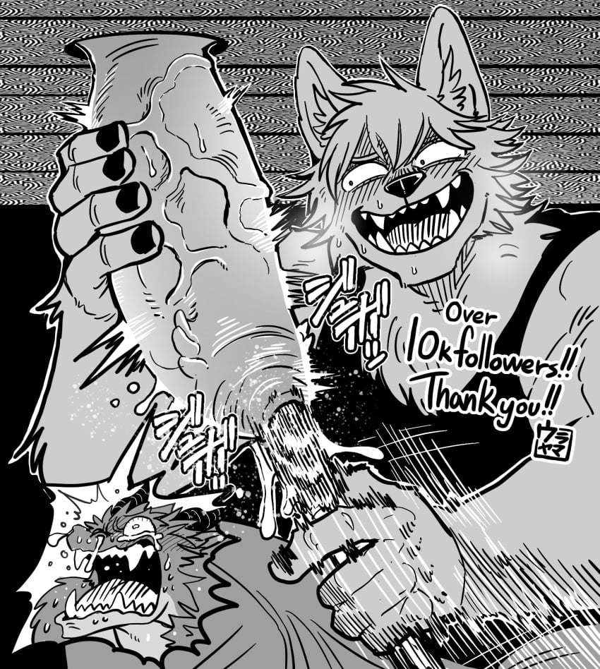 anthro black_nails black_nose blush bodily_fluids canid canine canis colored_nails crying dragon english_text forced_penetration genital_torture genitals hi_res male male_only mammal monochrome mythological_creature mythological_scalie mythology nails ouch painful_penetration penetration penis purple_(yokunaiplay) scalie screaming smile sounding_rod sweat tears teeth text thank_you thanking urethral urethral_penetration vein veiny_penis wolf yokunaiplay