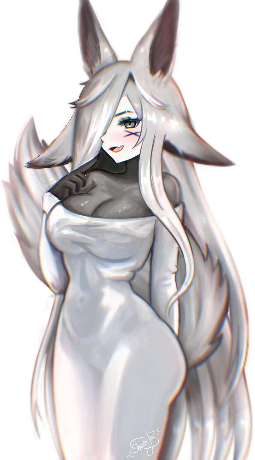 animal_ear_fluff animal_ears artist_name blush breasts cleavage dya_rikku_(vtuber) female furry hand_on_own_chest large_breasts long_hair looking_at_viewer oerba_yun_fang see-through signature simple_background smile solo standing striped tail vertical_stripes very_long_hair vyugen white_background white_hair