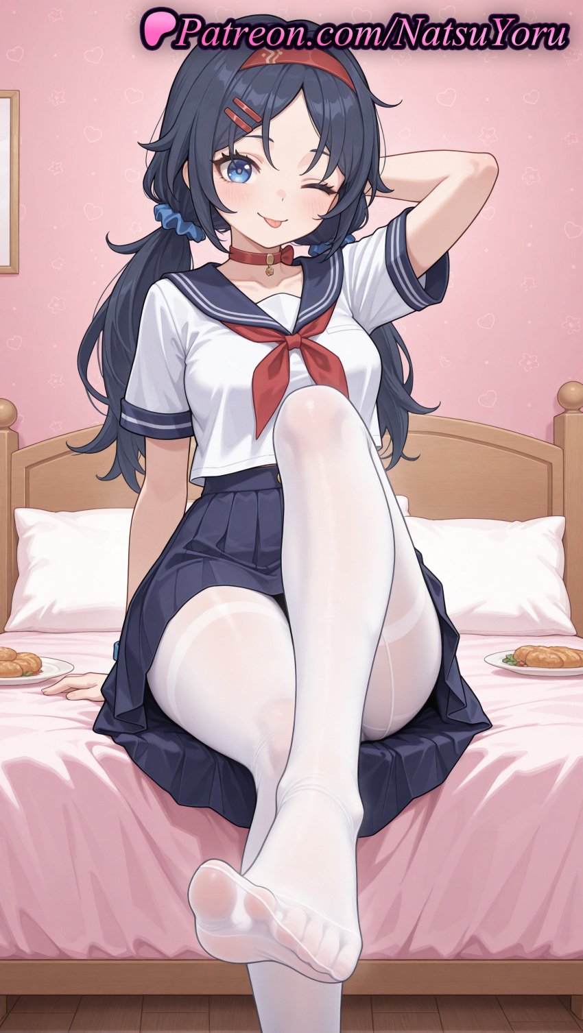 1girls ai_generated anime anime_style arm_behind_head arm_support arm_up bangs bed bell black_hair blue_eyes blue_hair blue_sailor_collar blue_scrunchie blue_skirt blush breasts bust busty choker collar collarbone cookie crazy_mita_(miside) feet female female_focus female_only food foot_fetish foot_focus foot_out_of_frame hair_ornament hair_scrunchie hairband hairclip hentai hi_res high_quality high_resolution highres indoors knee_up legs lipstick long_hair looking_at_viewer low_twintails medium_breasts miside mita_(miside) natsuyoru neckerchief no_shoes on_bed one_eye_closed pale_skin pantyhose parted_bangs patreon pillow plate pleated_skirt presenting_foot red_choker red_collar red_hairband red_neckerchief sailor_collar sailor_uniform school_uniform scrunchie serafuku sheer_legwear shirt short_sleeves sitting skirt smile soles solo solo_female thighband_pantyhose thighs toes tongue tongue_out twintails voluptuous voluptuous_female white_legwear white_pantyhose white_shirt