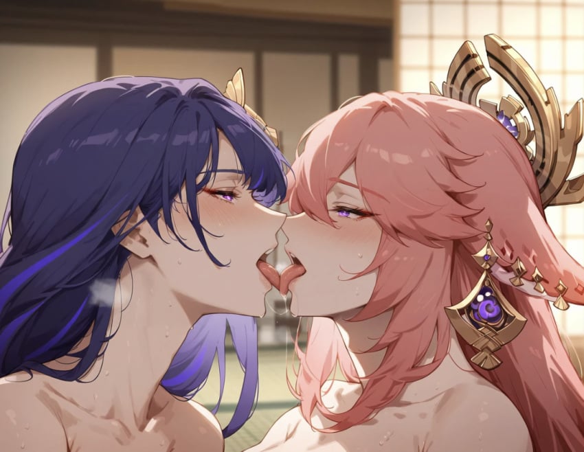 ai_generated alyxia big_breasts blush boobs_pressed eyes_closed genshin_impact guuji_yae kissing kissing_while_penetrated lesbian_kiss lesbian_sex raiden_shogun tongue_kiss yae_miko yuri