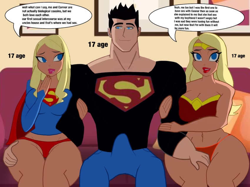 1boy 2girls amazonian background big_breasts blonde_hair cassie_sandsmark conner_kent dc dc_comics djpaint96-ii excited gorgeous justice_league_action kara_danvers kara_zor-el kon-el kryptonian superboy supergirl superheroine titans_on_action underwear wonder_girl younger_female