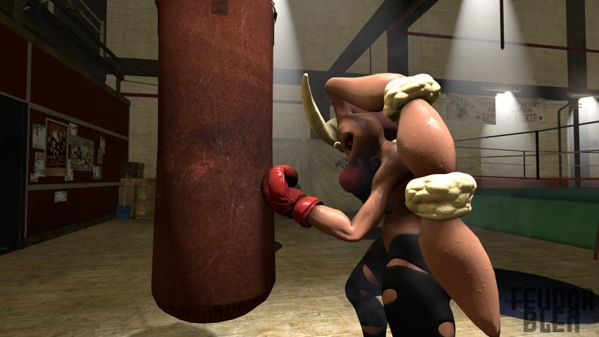 1girls 3d abs anthro big_eyebrows black_sclera boxing boxing_gloves brown_body bunny bunny_ears bunny_girl female female_only feudorblen gloves gym indoors leggings lopunny mega_lopunny midriff muscular muscular_arms muscular_female nintendo pokémon_(species) pokemon pokemon_(species) punch punching_bag red_boxing_gloves red_eyes red_gloves sfm solo source_filmmaker sportswear sweat tan_fur taped_nipples taped_pussy torn_clothes