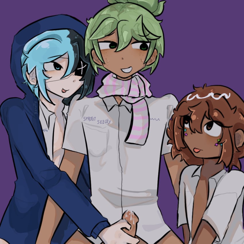 3boys astro_(dandy&#039;s_world) black_body black_hair brown_hair cosmo_(dandy&#039;s_world) cum dandy&#039;s_world dick femboy gay green_hair humanized jerking pale_skin polyamory roblox source_request sprout_(dandy&#039;s_world) student tan_body