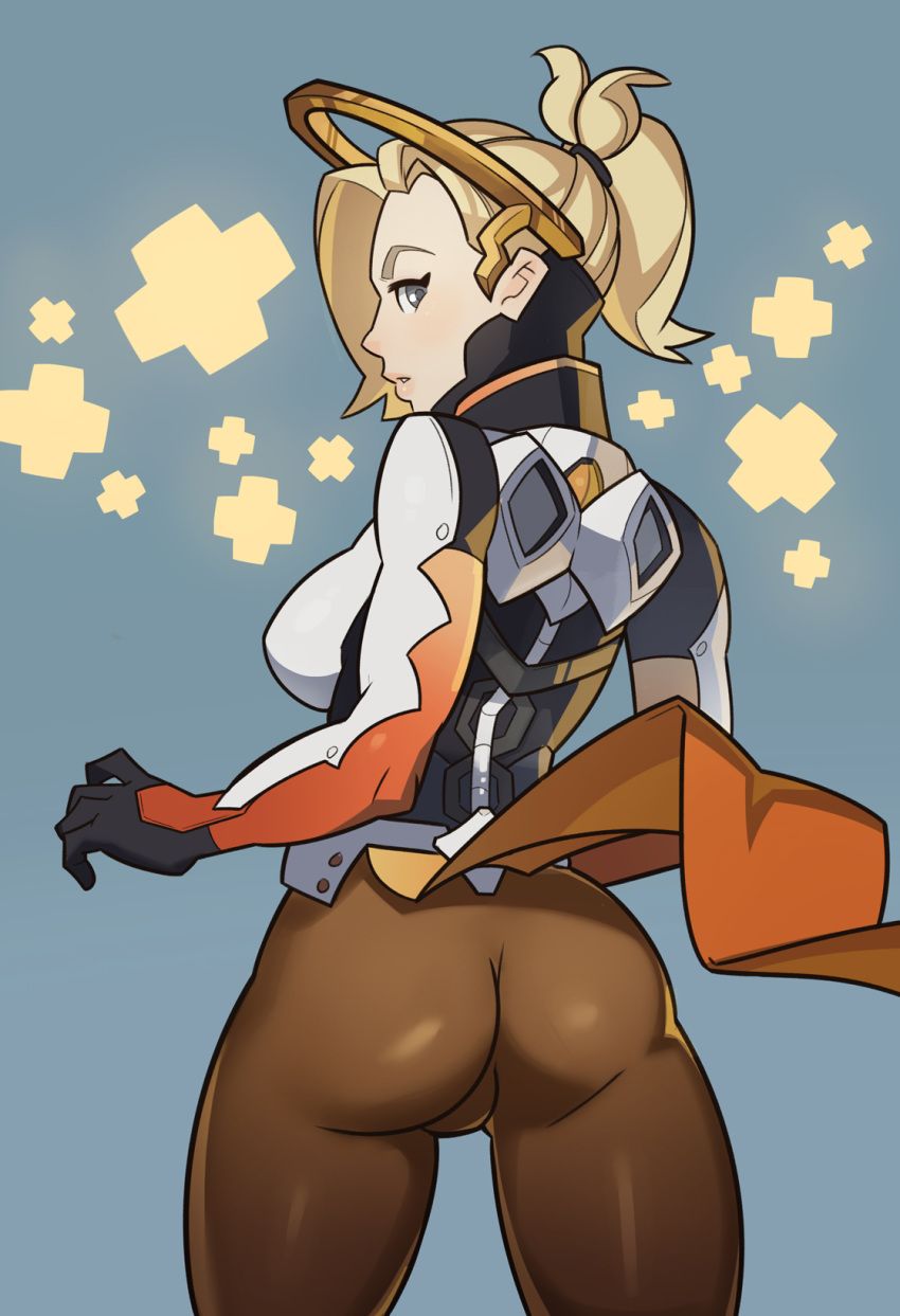 1girls 2016 ass blizzard_entertainment blonde_hair female female_only healing mercy overwatch pantyhose ponytail solo splashbrush standing tied_hair tight_clothes