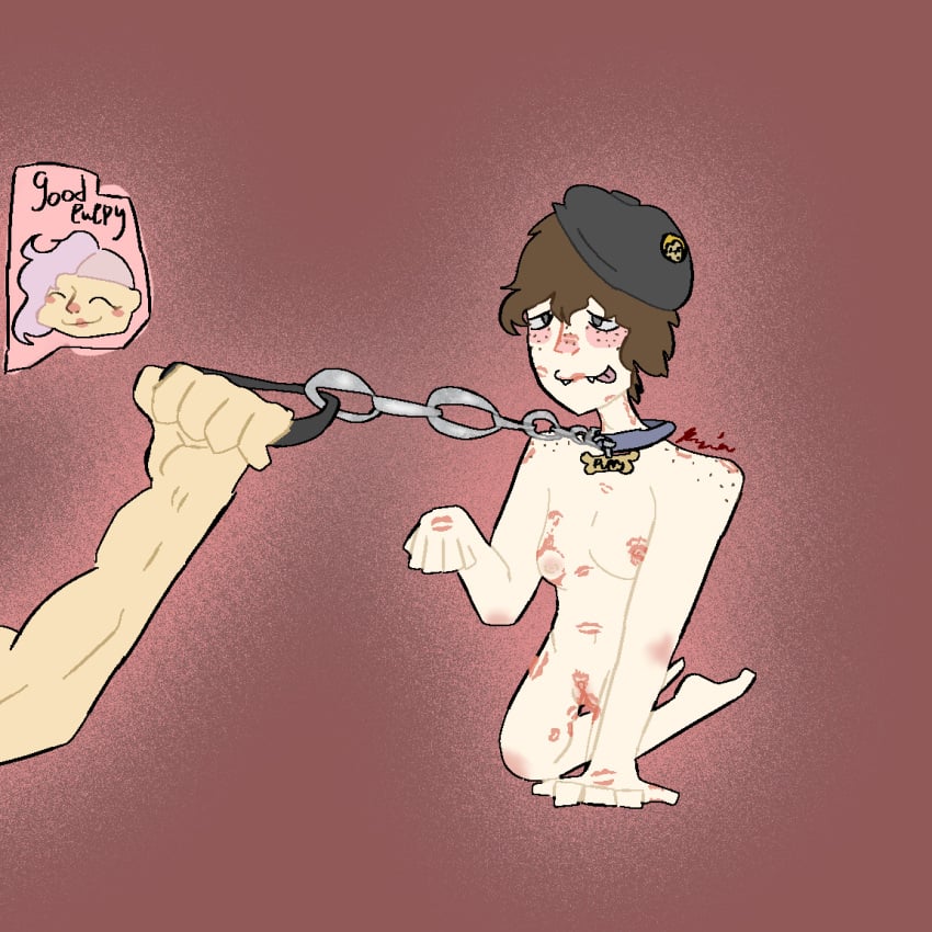 breasts_out brown_hair cuntboy danganronpa denekogobrr drooling fanganronpa fangs good_boy grey_eyes grimwall_ingrid intersex leash_and_collar leash_pull lipstick_mark lipstick_marks muscular_female oc_x_canon original_character pale_skin petplay pink_hair praise project:_eden's_garden puppyplay self_upload twink