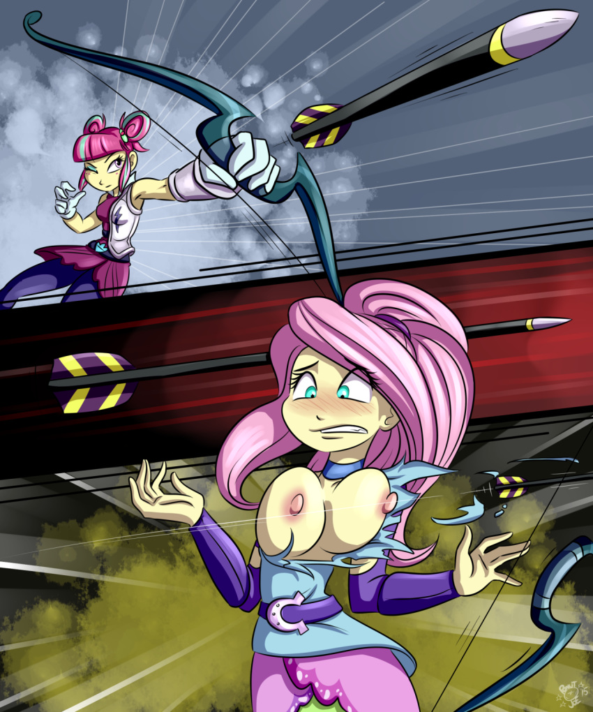 2girls 2koma archery areolae arrow assisted_exposure big_breasts blue_eyes blush bow breasts breasts_out clothes_stuck_on_object curvy embarrassed equestria_girls erect_nipples female female_only fluttershy_(eg) friendship_games friendship_is_magic huge_breasts human human_only humanized long_hair lost_clothes my_little_pony nipples pink_hair ponut_joe sour_sweet_(eg) straight_hair torn_clothes