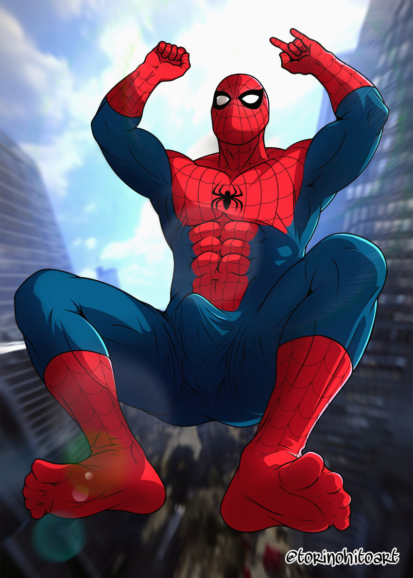 5_fingers 5_toes abs armpits arms_up biceps bulge bulge_through_clothing city_background erection erection_under_clothes feet feet_focus male male_only mask muscles muscular_male pecs solo spider spider-man spider-man_(series) thick_legs thick_thighs thighs torinohito