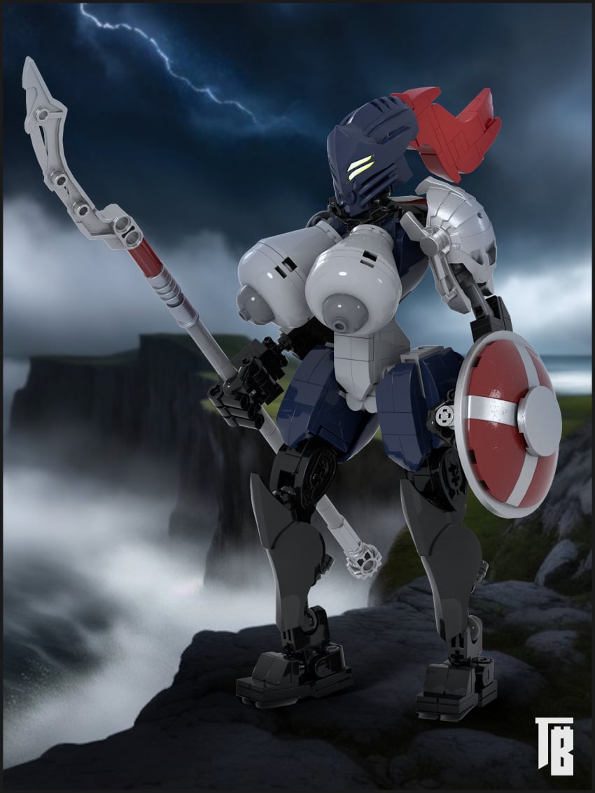 3_fingers armor armwear big_breasts bionicle black_border border breasts clothing cybernetics cyborg electricity female fingers flowing_hair genitals glowing glowing_eyes grey_body hair hi_res humanoid landscape lego legwear lightning machine mask melee_weapon model_kit nature nipples nude polearm pussy red_hair robot sea shield solo spear standing storm synthetic thiccbrick toa toa_morah warrior water weapon