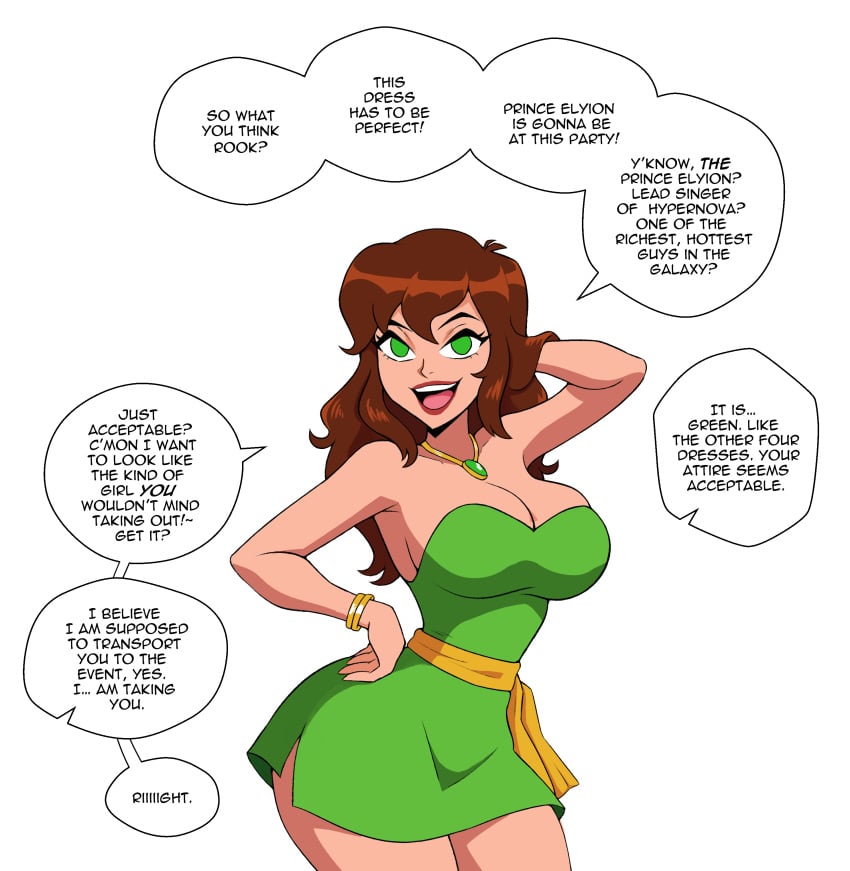 1girls american american_female bangs ben_10 ben_10_omniverse ben_tennyson breasts brown_hair brown_hair brunette_hair caucasian caucasian_female eyelashes female female_ben floating_head genderswap_(mtf) green_dress green_eyes gwen_tennyson gwen_tennyson_(omniverse) jen_10 jen_tennyson light_skin light_skinned_female lipstick long_hair long_hair_female looking_at_viewer mascara ponytail r63 red_lipstick rule_63 rule_63 seductive solo_focus speech_bubble text_bubble themightfenek voluptuous