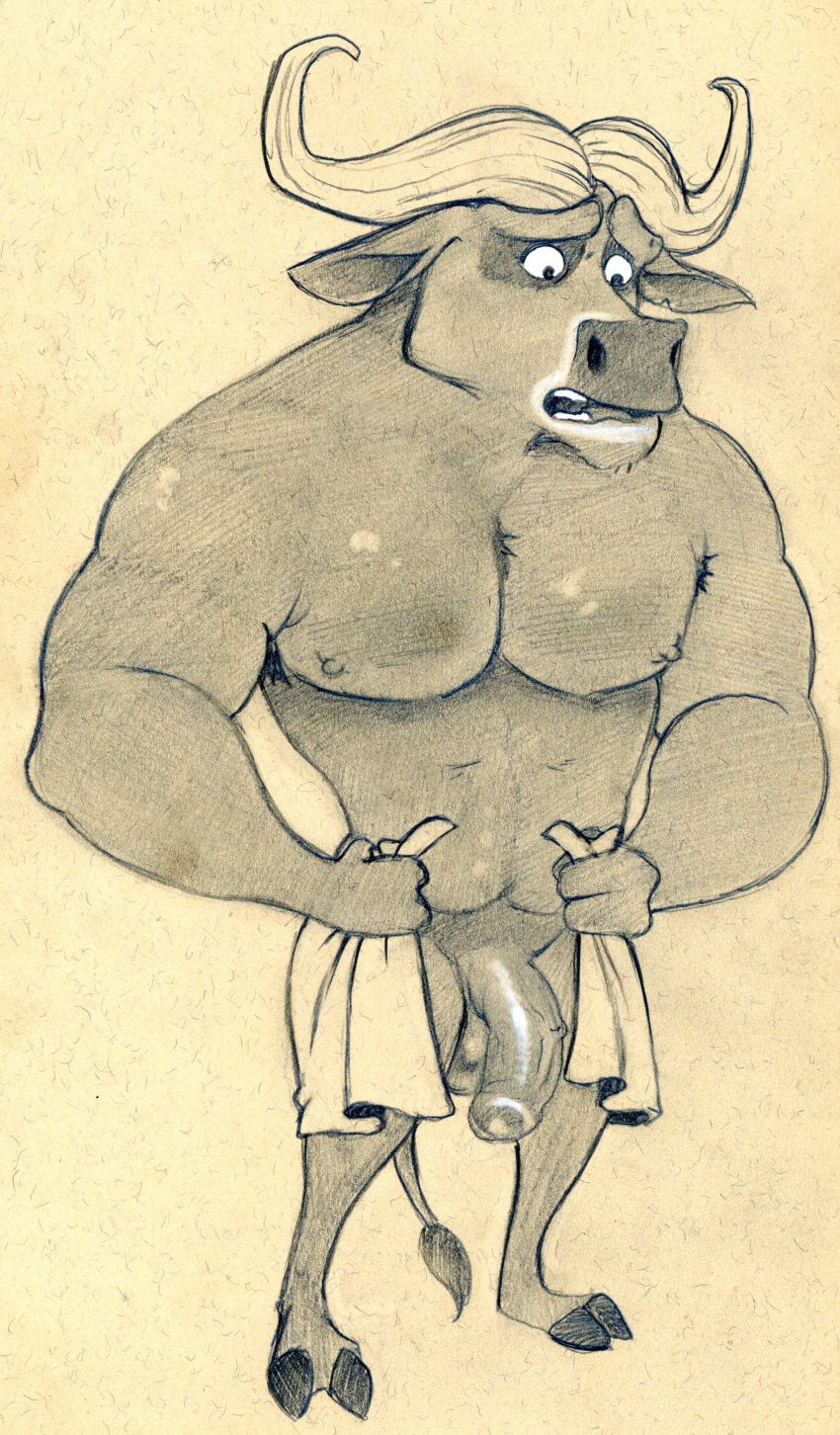 1boy anthro balls barazoku big_muscles black_and_white bovine buffalo chief_bogo disney embarrassed flaccid front_view half-erect hi_res horn humanoid_penis looking_down male male_only mammal monochrome muscular nipples nude open_mouth pencil_(artwork) penis solo standing towel traditional_media_(artwork) tush uncut vein veiny_penis worried zootopia