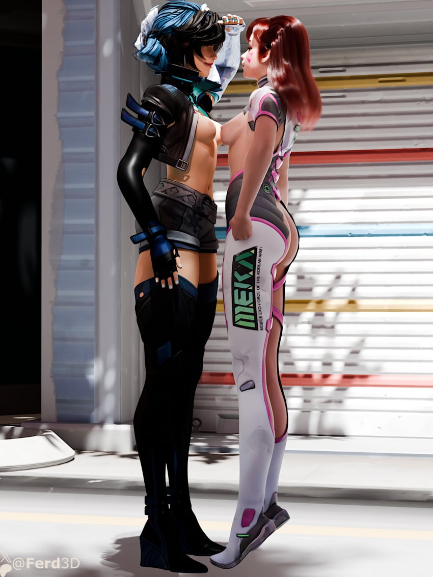 2girls 3d blizzard_entertainment crossover d.va female_only ferd3d height_comparison height_difference luna_snow_(marvel_rivals) marvel_rivals overwatch topless