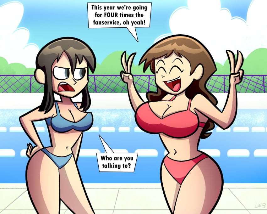 2022 2girls azumanga_daiou big_breasts bikini black_hair breasts brown_hair female female_focus female_only hair highres human lolwutburger nyamo_minamo_kurosawa open_mouth outdoors pool smile speech_bubble teeth text tongue v yukari_tanizaki