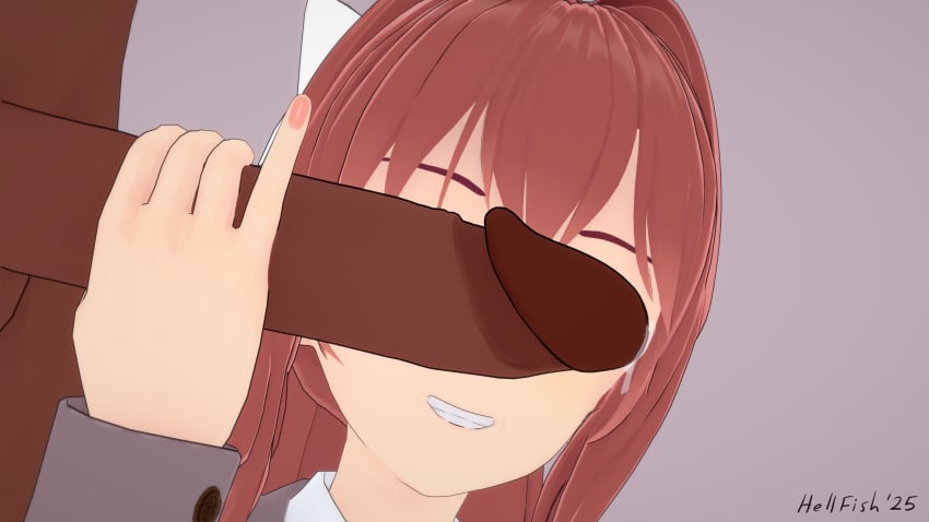 1boy 1girls 3d bow brown_hair cant_see_the_haters dark-skinned_male dark_skin doki_doki_literature_club erection handjob hellfish imminent_fellatio interracial koikatsu monika_(doki_doki_literature_club) penis penis_on_face penis_over_eyes precum simple_background smile