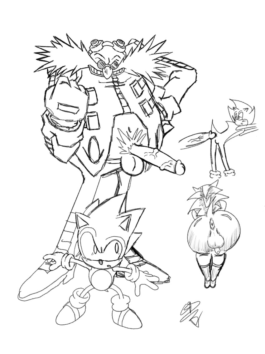 absurd_res anthro dr._eggman duo hi_res human humanoid male male/male mammal mercii monochrome sega sonic_(series) sonic_the_hedgehog_(series)