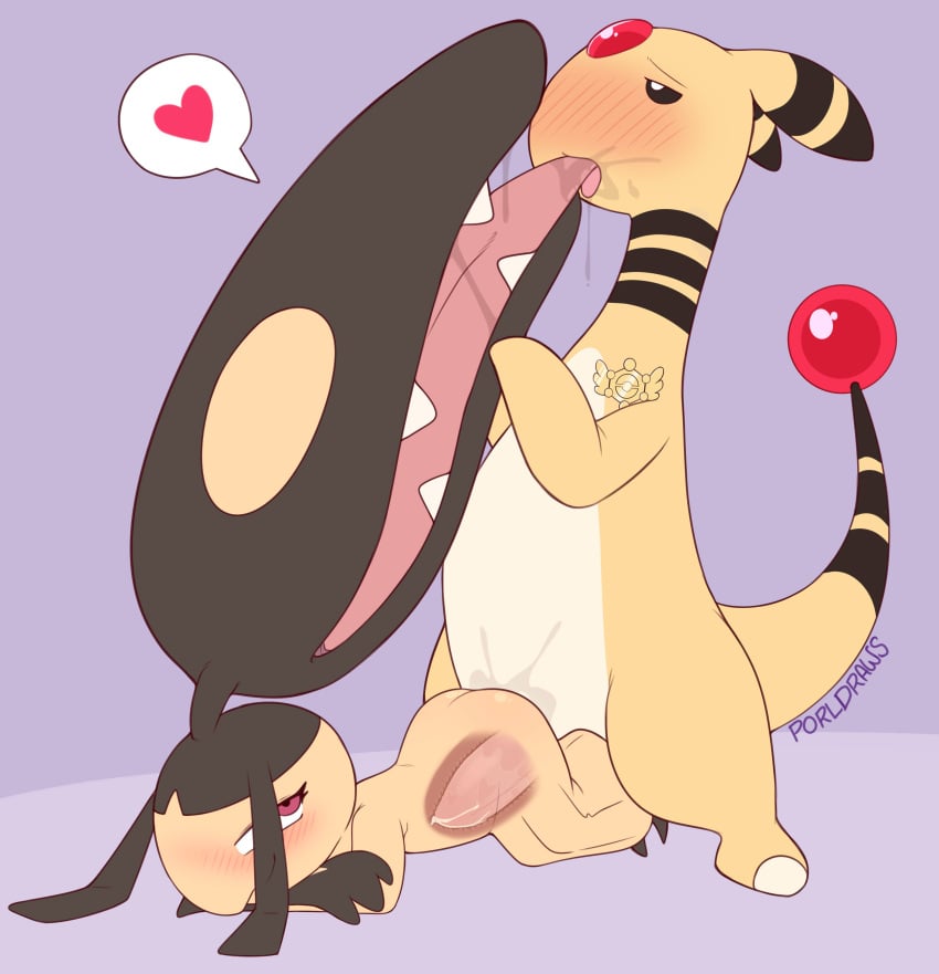 ampharos anthro blush brown_hair female furry heart looking_back male mawile nintendo penis pokemon pokemon_(species) porldraws purple_background red_eyes text_bubble tongue tongue_kiss tongue_out vaginal_penetration vaginal_sex x-ray yellow_body yellow_fur