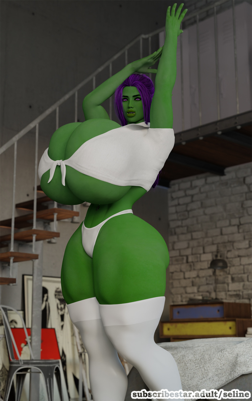 3d cleavage cleavage_overflow female green_skin huge_ass huge_breasts hyper hyper_breasts indoors orc orc_female purple_eyes purple_hair selinemukgrom solo solo_female sophia