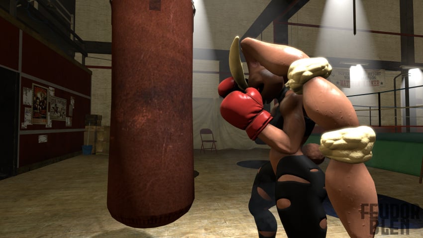 1girls 3d abs anthro big_eyebrows black_sclera boxing boxing_gloves brown_body bunny bunny_ears bunny_girl female female_only feudorblen gloves gym indoors leggings lopunny mega_lopunny midriff muscular muscular_arms muscular_female nintendo pokémon_(species) pokemon pokemon_(species) punching_bag red_boxing_gloves red_eyes red_gloves sfm solo source_filmmaker sports_bra sportswear sweat tan_fur taped_pussy torn_clothes