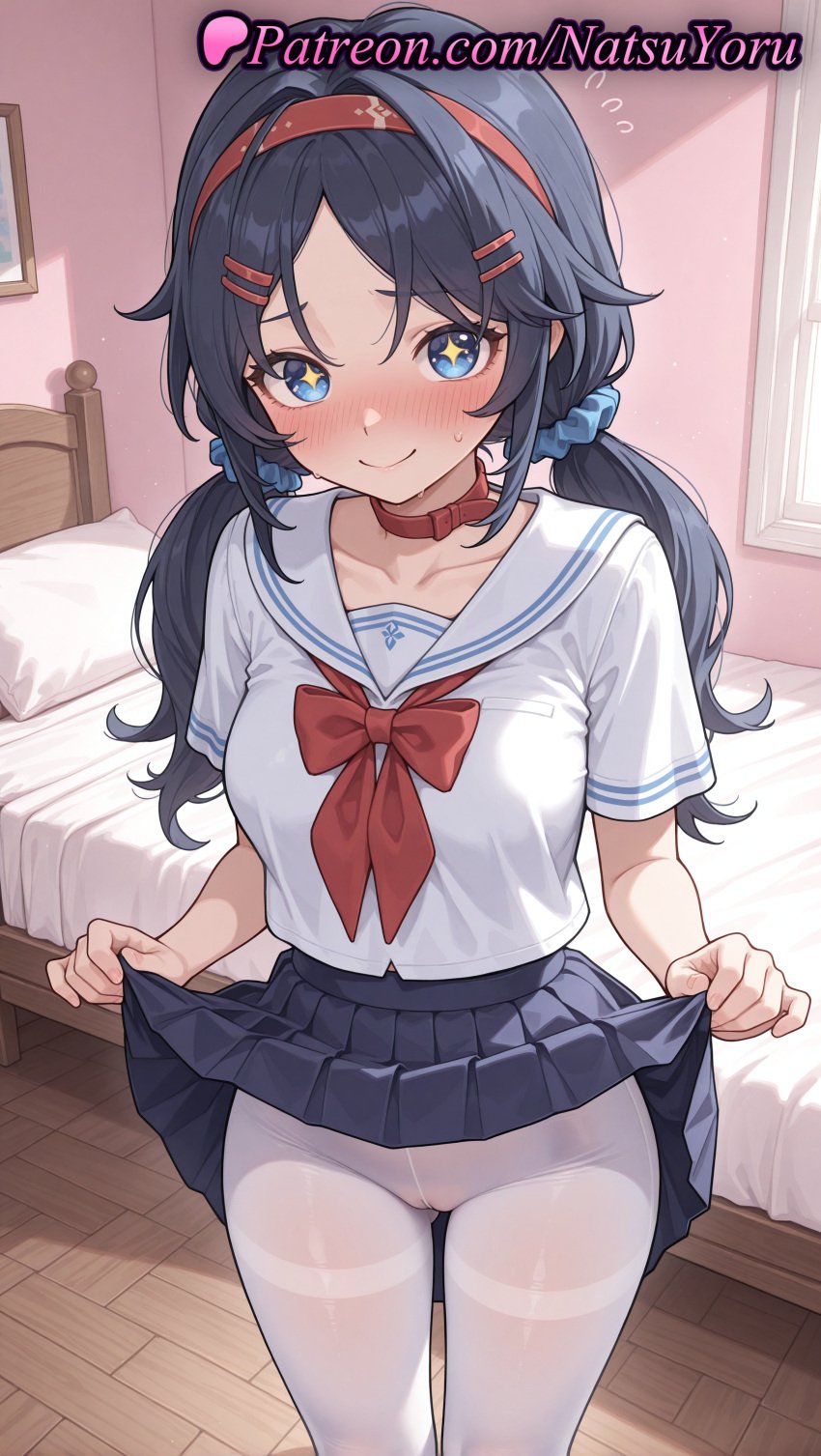 +_+ 1girls ai_generated anime anime_style bangs bed bedroom black_hair black_skirt blue_eyes blue_hair blue_scrunchie blue_skirt blush bow bowtie breasts bust busty cameltoe choker closed_mouth clothes_lift clothing collar collarbone crazy_mita_(miside) female female_focus female_only flying_sweatdrops hair_ornament hair_scrunchie hairband hairclip hentai hi_res high_quality high_resolution highres indoors legwear lifted_by_self lips long_hair looking_at_viewer low_twintails medium_breasts miniskirt miside mita_(miside) natsuyoru neckerchief no_panties nose_blush on_bed pantyhose parted_bangs patreon pillow pleated_skirt red_bow red_bowtie red_choker red_collar red_hairband red_neckerchief sailor_collar sailor_uniform school_uniform scrunchie serafuku shirt short_sleeves skirt skirt_lift smile solo solo_female standing star-shaped_pupils star_(symbol) symbol-shaped_pupils thighband_pantyhose twintails voluptuous voluptuous_female white_legwear white_pantyhose white_sailor_collar white_shirt window wooden_floor