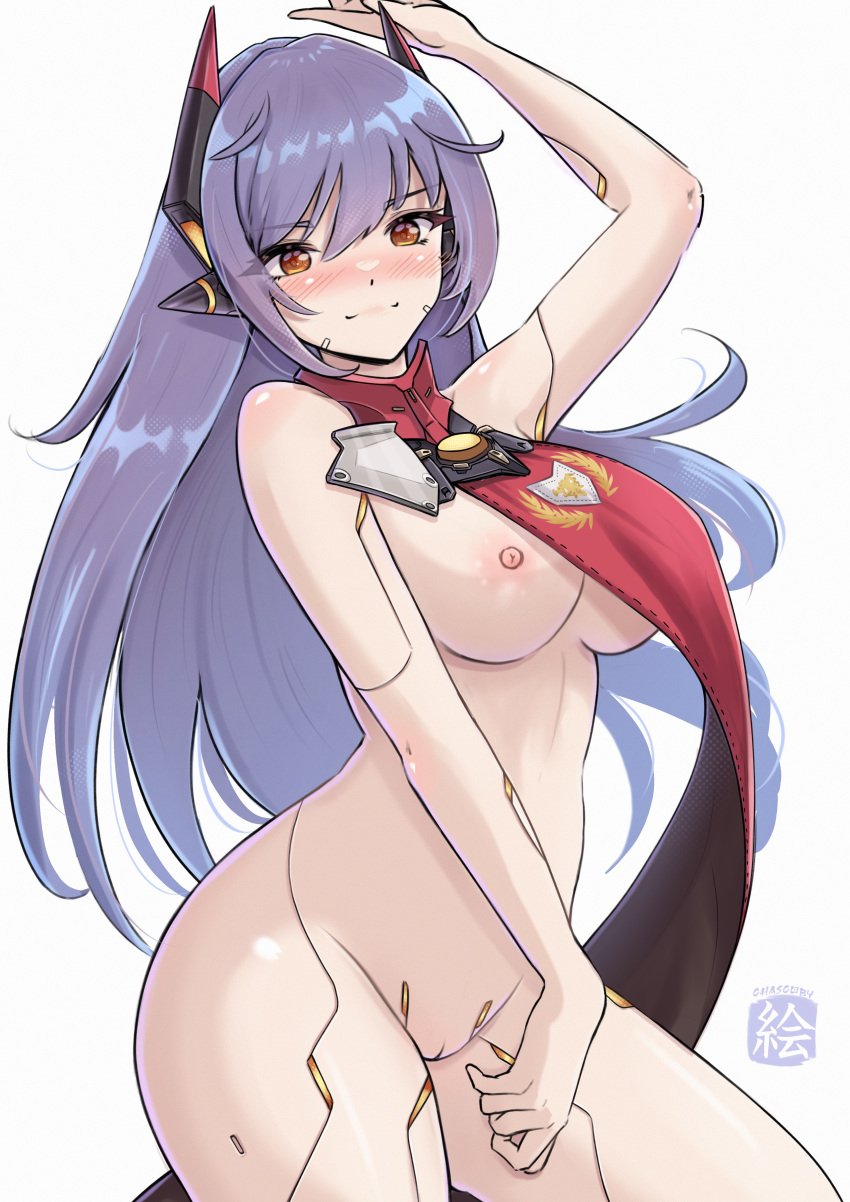 1girls android big_breasts blush breasts chascoby cleavage core_crystal horns nintendo poppi_(xenoblade) poppi_qtpi_(xenoblade) purple_hair restrained robot tagme thick_thighs thighs tongue xenoblade_(series) xenoblade_chronicles_2