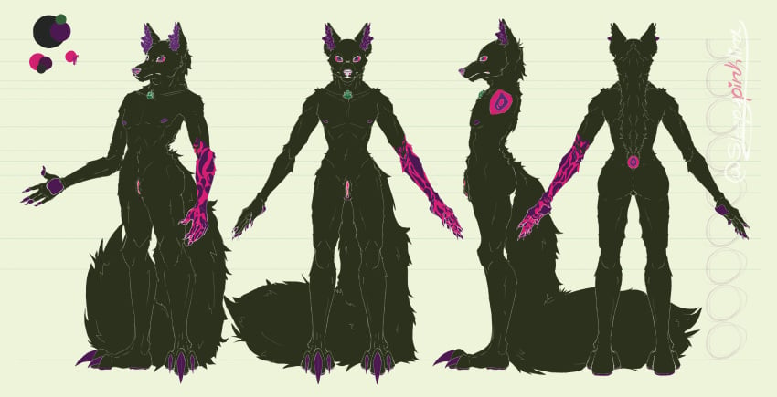 3_toes absurd_res acid_burns ander_(enderiumdavoc) animal_genitalia anthro ass black_body black_fur canid canine canis claws digital_drawing_(artwork) digital_media_(artwork) enderium feet fluffy fluffy_tail fur gem genital_slit genitals hair hi_res long_tail male mammal model_sheet monster nipples nude pearl_(gem) purple_body purple_eyes purple_fur runes scar simple_background sleepypinklinx solo standing tail toes wolf