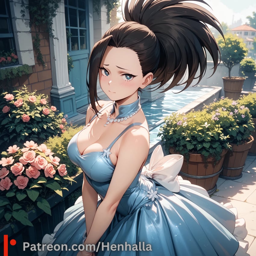 1girls ai_generated big_breasts breasts dress henhalla looking_at_viewer momo_yaoyorozu my_hero_academia solo solo_female young younger_female