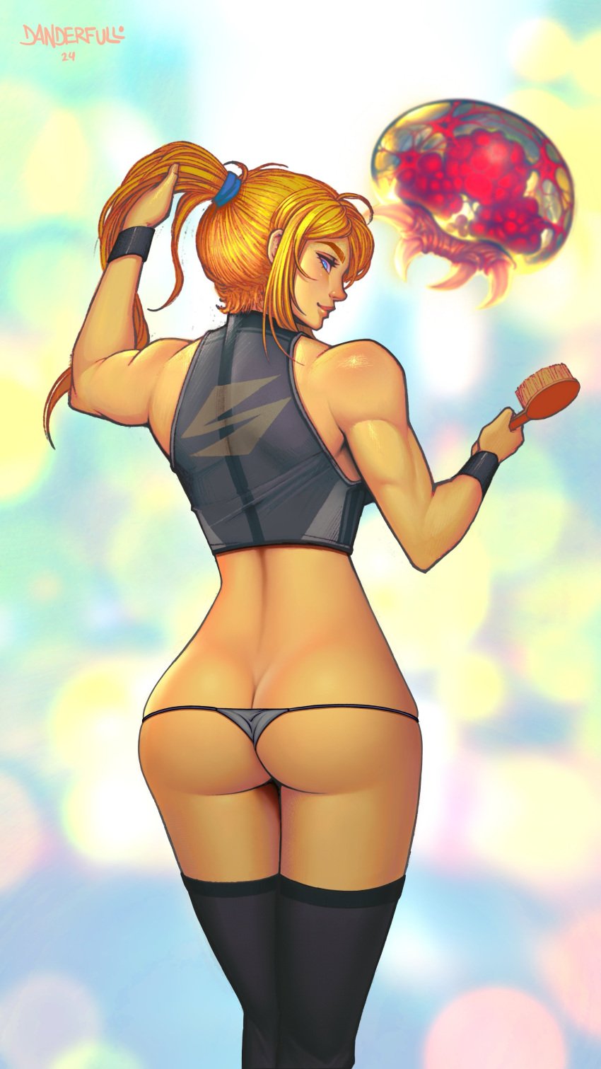 ass brush crop_top danderfull female metroid metroid_(creature) nintendo ponytail samus_aran thighhighs thong wristband