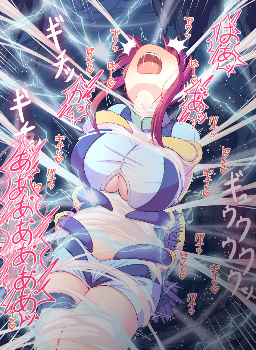 1girls absurd_res baketsumuri big_breasts breasts captured cave cleavage cleavage_cutout creatures_(company) crop_top cropped_jacket electricity electrocution galvantula game_freak generation_5_pokemon hair_ornament heart hi_res hugging hugging_from_behind japanese_text midriff molestation nintendo open_mouth pain pokemon pokemon_(species) pokemon_bw pokephilia red_hair restrained revealing_clothes screaming short_hair_with_long_locks short_shorts shorts sidelocks skyla_(pokemon) spider text thigh_strap topknot torture underboob web web_bondage