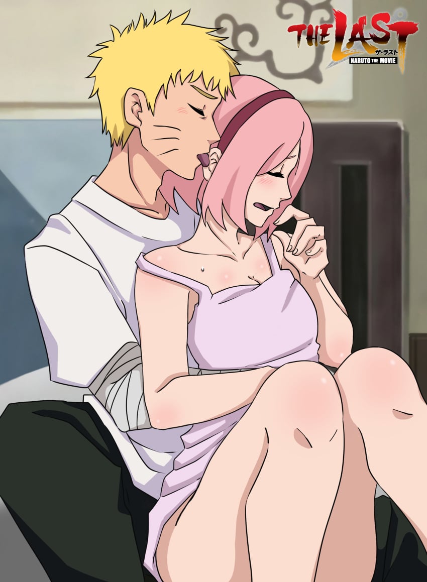 1boy 1girls arm_under_breasts bandaged_arm bare_legs bare_shoulders bedroom before_sex between_legs blonde_hair cleavage convenient_leg couple cuddling dress duo_focus embarrassed female hi_res indoors juli_saku_lm licking licking_ear long_hair looking_away looking_pleasured male naruto naruto:_the_last naruto_(series) no_panties pants partially_clothed pink_hair revealing_clothes romantic sakura_haruno shirt short_hair skimpy_clothes teasing uzumaki_naruto watermark