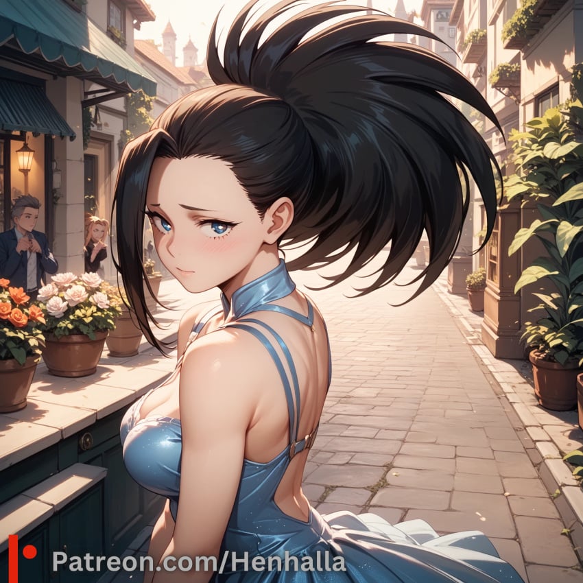 1girls ai_generated big_breasts breasts dress henhalla looking_at_viewer momo_yaoyorozu my_hero_academia solo solo_female young younger_female