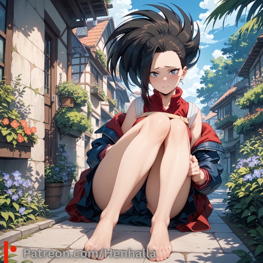 1girls ai_generated big_breasts breasts dress feet henhalla looking_at_viewer momo_yaoyorozu my_hero_academia solo solo_female toes young younger_female