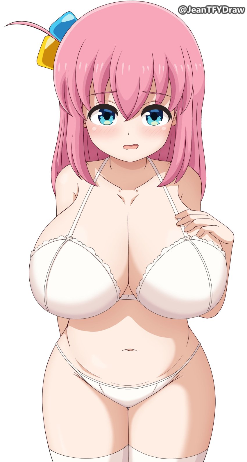 1girls big_breasts blue_eyes bocchi_the_rock! bra breasts female gotou_hitori light-skinned_female light_skin long_hair panties pink_hair solo solo_female white_bra white_panties