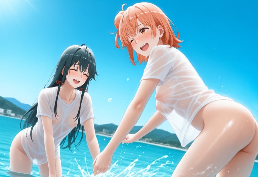 2girls ai_generated beach bottomless dat_ass my_teen_romantic_comedy_snafu nipples_visible_through_clothing not_loli_ai orange_hair outdoors yuigahama_yui yukinoshita_yukino