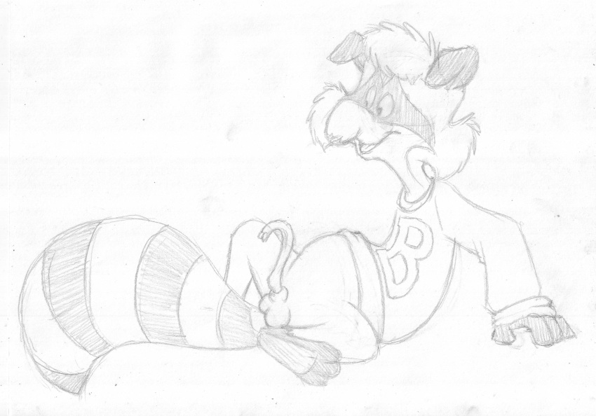 1boy animal_genitalia animal_penis anthro arm_support balls bert_raccoon bottomless clothed clothing erection greyscale male male_only mammal mizzyam monochrome open_mouth pencil_(artwork) penis raccoon raccoon_penis reclining sheath side_view sitting smile solo sweatshirt the_raccoons traditional_media_(artwork)