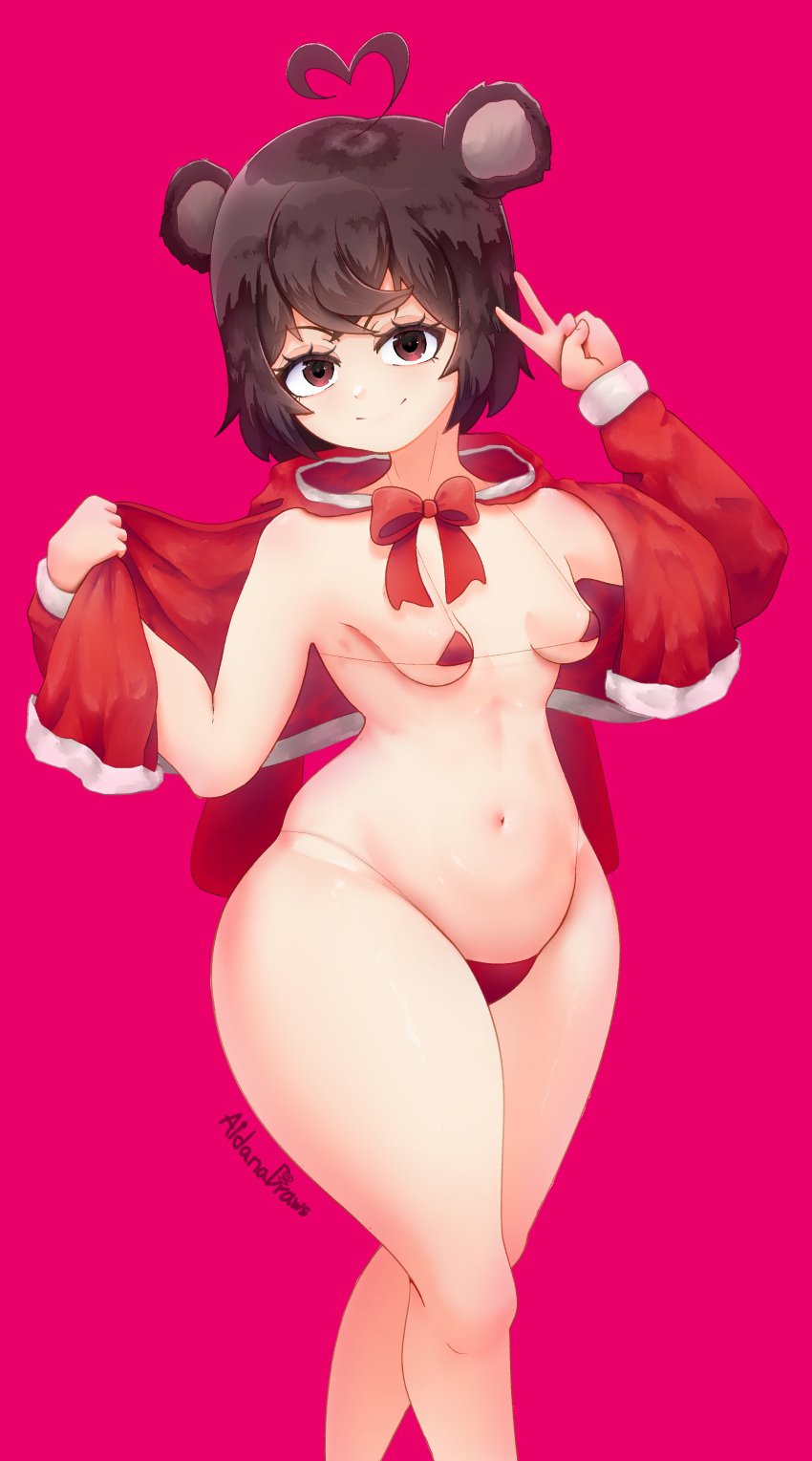 1girls absurd_res ahoge aldanadraws animal_ears apandah bikini black_eyes black_hair blush christmas christmas_outfit color colored fanart female female female_only genderswap_(mtf) indie_virtual_youtuber kemonomimi light-skinned_female light_skin looking_at_viewer micro_bikini no_background peace_sign pose posing ribbon rule_63 short_hair small_breasts smile smiling smiling_at_viewer smirk solo solo_female standing textless thick_legs thick_thighs virtual_youtuber vtuber