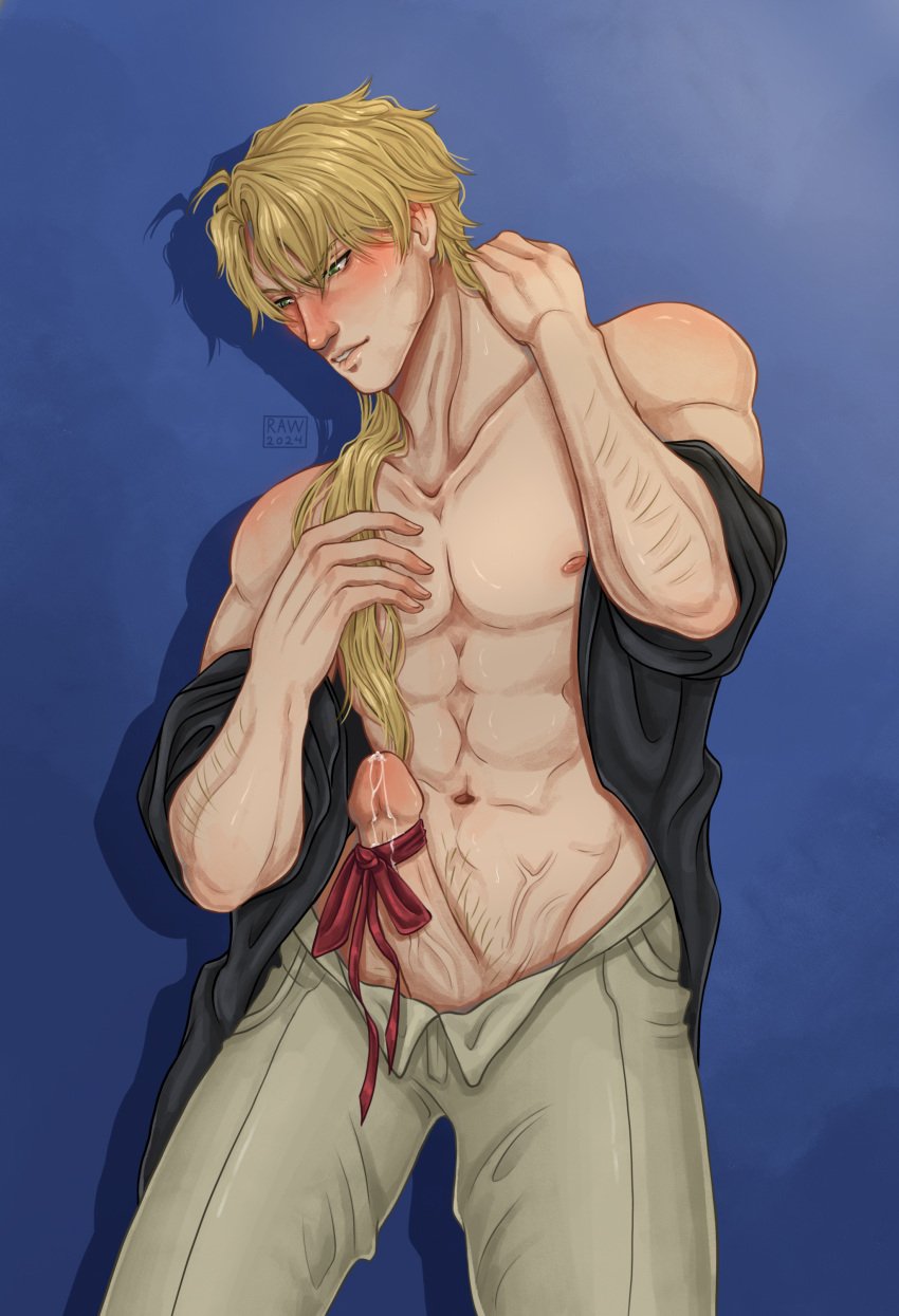 1boy abs artist_request blonde_hair blush bungo_stray_dogs clothed colored dripping green_eyes kunikida_doppo long_hair male male_only male_pubic_hair masturbation navel nipples parted_lips penis pubic_hair ribbon solo solo_male source_request tagme uncensored