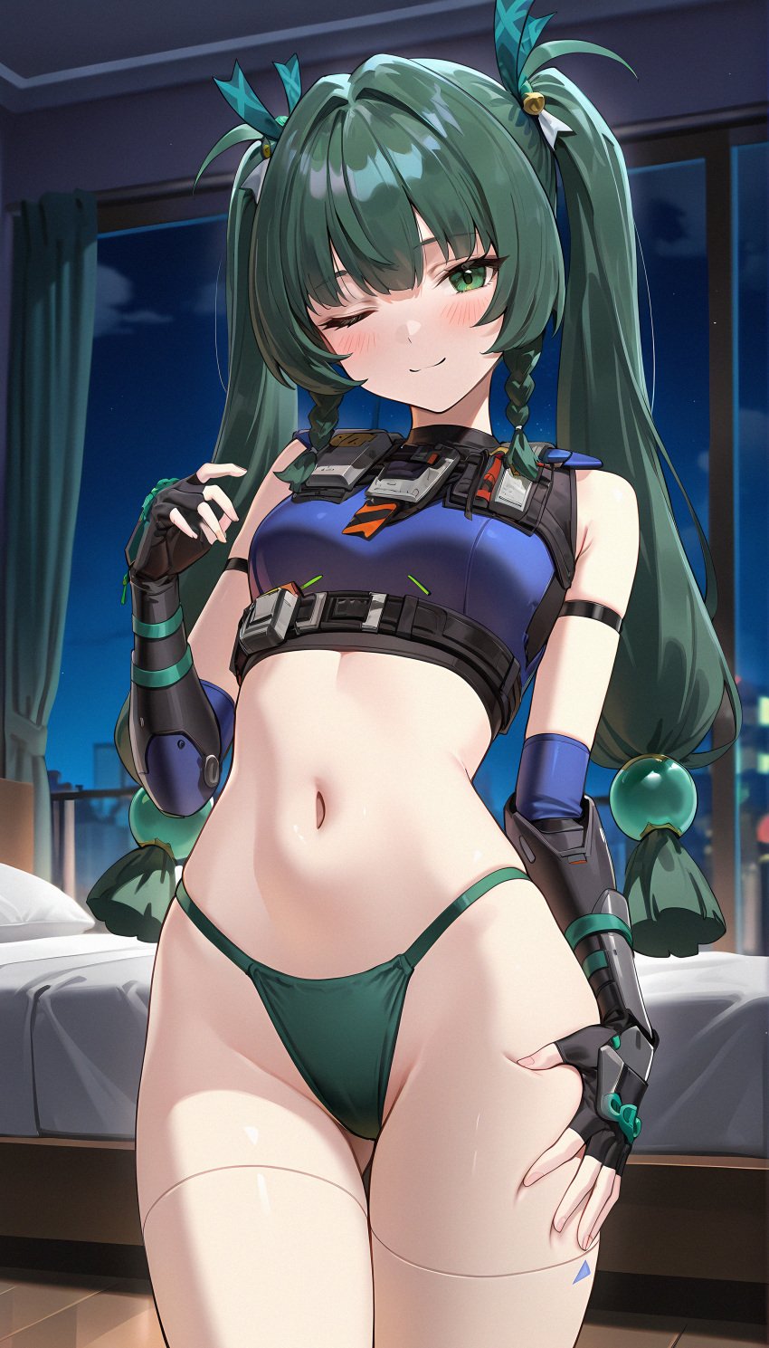 1boy 1girls ai_generated android breasts gloves midriff panties petite petite_body qingyi_(zenless_zone_zero) robot robot_girl small_breasts smile straight twintails underwear wink zenless_zone_zero