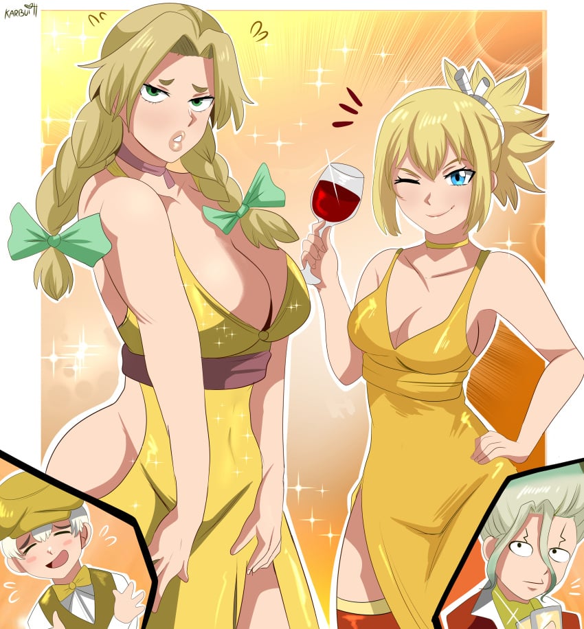 2boys 2girls big_breasts blonde_hair blue_eyes choker dr.stone dress female gold_dress green_eyes grey_hair hair_ribbon hanada_nikki hi_res ishigami_senku karbuitt kohaku_(dr.stone) looking_at_viewer male narrowed_eyes saionji_ukyo smiling smiling_at_viewer tied_hair twin_braids very_high_resolution white_hair wide_hips wine_glass wink winking_at_viewer