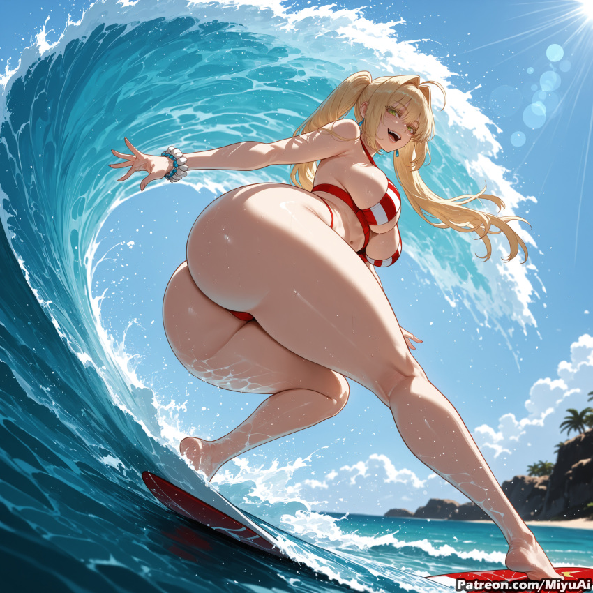 1girl 1girls ahoge ai_assisted ai_generated ass ass_focus bangs bare_shoulders barefoot beach bead_bracelet big_ass big_breasts bikini blonde_hair blue_sky blush bracelet breasts curvaceous curvy curvy_female curvy_figure day earrings fate/grand_order fate_(series) female female_only green_eyes hair_intakes halterneck huge_ass jewelry large_breasts legs lens_flare light-skinned_female long_hair looking_at_viewer miyuai nero_claudius_(fate) nero_claudius_(fate)_(all) nero_claudius_(swimsuit_caster) nero_claudius_(swimsuit_caster)_(fate) ocean open_mouth outdoors sky smile solo splashing striped striped_bikini sunlight swimsuit thick thick_ass thick_butt thick_hips thick_legs thick_thighs thighs twintails voluptuous voluptuous_female water wide_hips wide_thighs