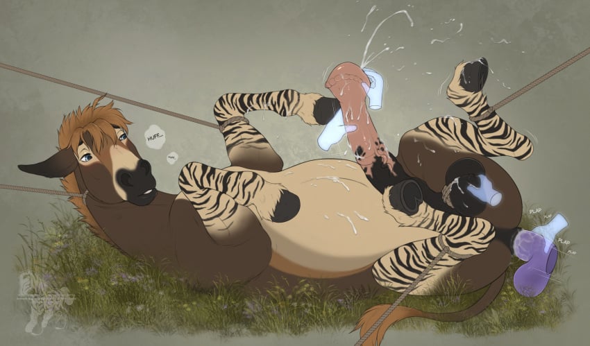 absurd_res anal anal_penetration animal_genitalia animal_penis arms_tied asinus ball_fondling ball_rope balls bestiality big_balls big_penis blue_eyes bodily_fluids bound brown_body brown_fur butt digital_media_(artwork) dildo dildo_in_ass dildo_insertion disembodied_hand donkey english_text equid equine equine_genitalia equine_penis erection excessive_genital_fluids excessive_precum fenn.perrox feral fingering flared_penis fondling fur genital_fluids genital_rope genitals ghost_hand glans_play hair hi_res huge_balls huge_flare huge_penis leash legs_tied lying male mammal markings object_in_ass on_back orange_hair penetration penile penis precum rope rope_around_balls rope_around_neck rope_leash sean_(kofichee) sex_toy sex_toy_in_ass sex_toy_insertion solo solo_focus striped_markings stripes tail text urethral urethral_fingering white_body white_fur