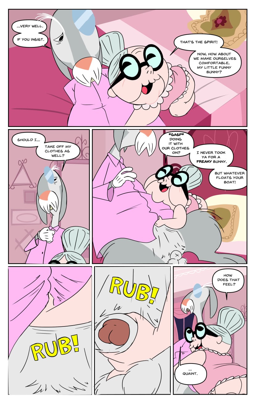 absurd_res animal_genitalia anthro balls becoming_erect bed bedroom bedroom_sex belly_rub bob-jiggles bottomless buckteeth cartoon_network clothed clothing comic detailed_background dialogue dress duo eager elder elderly elderly_anthro elderly_female elderly_male english_text eyewear female flaccid foster's_home_for_imaginary_friends furniture genitals glasses hi_res human imaginary_friend jerking lagomorph leporid madame_foster male male/female mammal masturbation monocle mr._herriman onomatopoeia partially_clothed penis penis_grab rabbit reaching robe rubbing sex_on_bed sheath size_difference snarky sound_effects speech_bubble teeth text wearing_glasses