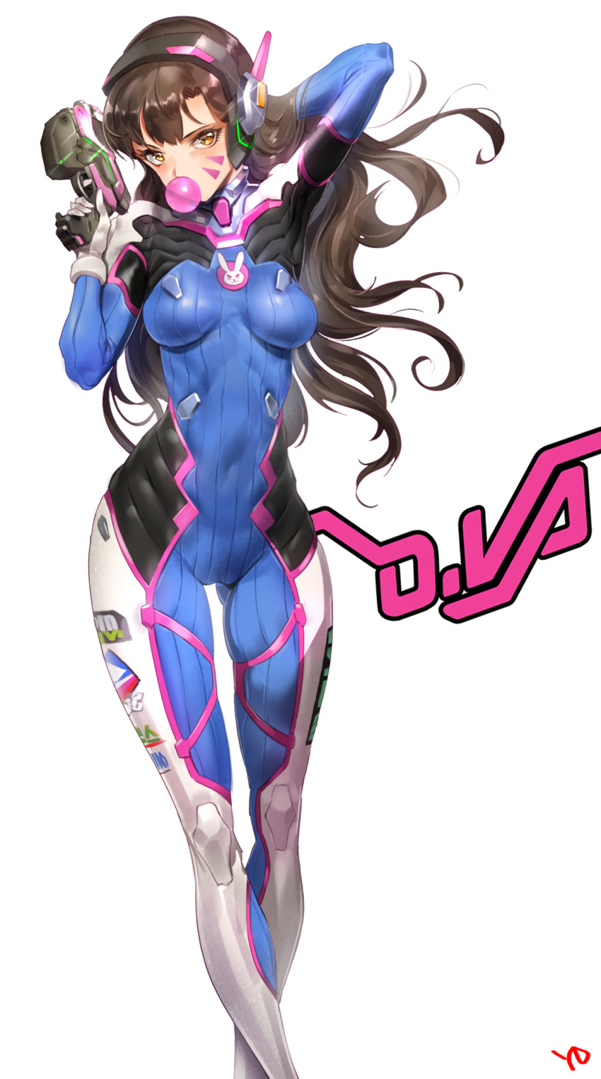 1girls bangs bodysuit breasts brown_hair bubble bubble_blowing bubble_gum color d.va facial_mark female female_only gun hair hair_flip headphones highres long_hair looking_at_viewer overwatch pistol simple_background solo thigh_gap weapon whisker_markings white_background yang-do yellow_eyes