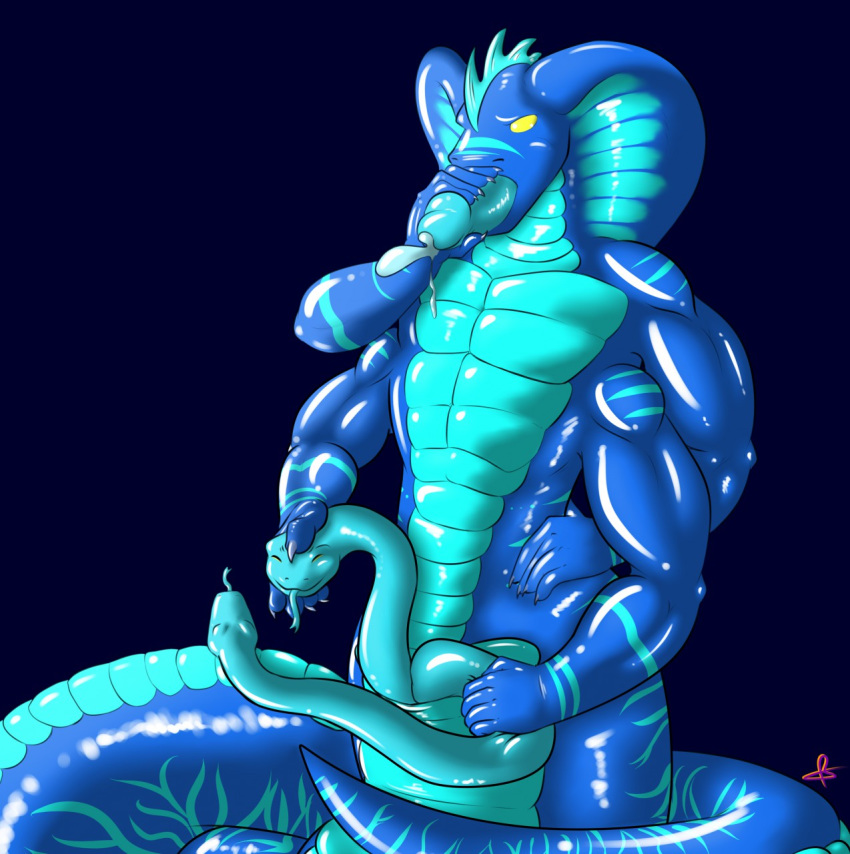 1boy anthro cobra coiling diphallia diphallism garrus_kayric hi_res kotetsu_rexen living_gasm_drive male male_only masturbation multi_arm multi_limb multi_penis muscular muscular_male naga penis penis_tongue reptile rubber scalie simple_background snake snake_penis solo solo_male triphallia