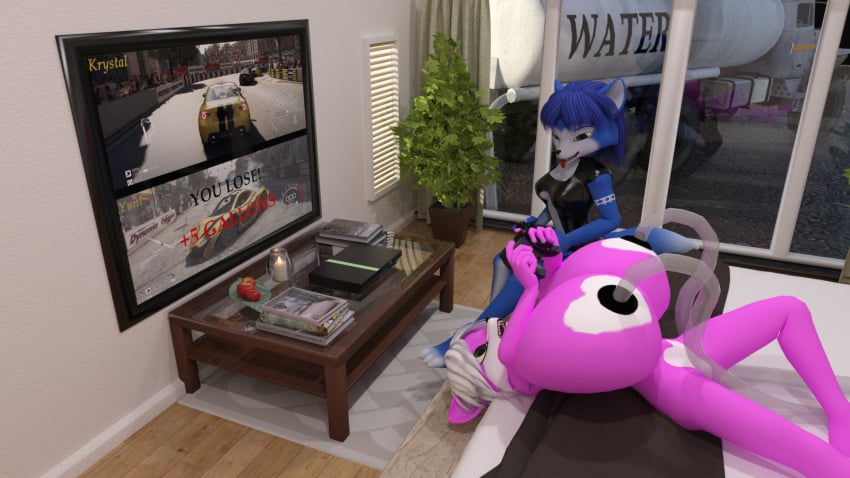 3d angry_cat anthro bed black_nipples blue_fur blue_hair breast_expansion breasts candle canine detailed_background duo fox highres house huge_breasts indoors inflation krystal large_breasts mammal mclaren nintendo nipples pink_fur playstation star_fox subaru television tongue tongue_out truck vehicle water water_inflation white_hair wolf yuni_hermit