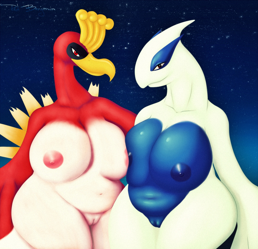 2016 anthro anthrofied avian breast_squish breasts breasts_frottage brown_eyes duo female ho-oh large_breasts legendary_pokemon looking_at_viewer lugia navel night nintendo nipples nude outdoors pokemon pokemon_(species) pussy red_eyes redbenjamin slightly_chubby smile