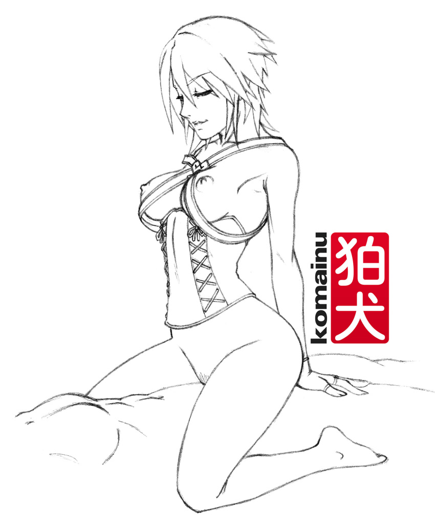 aqua_(kingdom_hearts) arm_support artist_name bottomless breasts female fingerless_gloves gloves highres kingdom_hearts kingdom_hearts_birth_by_sleep kneeling komainu_(artist) line_art monochrome nipples pubic_hair sex short_hair simple_background solo_focus straddling straight white_background