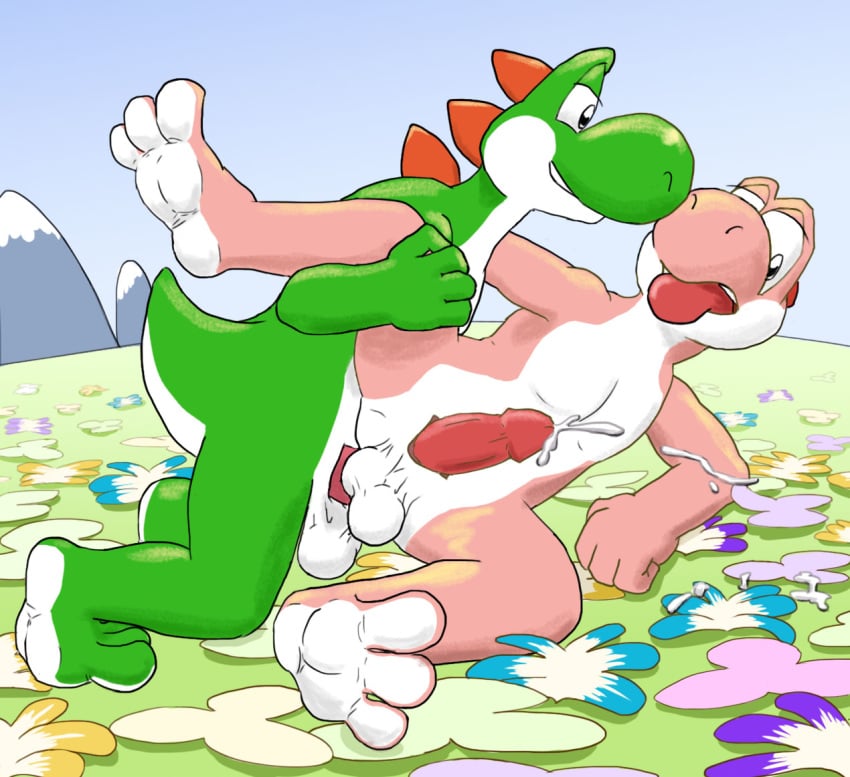 anal balls barefoot cum cum_on_ground duo green_scales male mario_(series) nintendo outside penis pink_scales scales scalie tala128 video_games yaoi yoshi yoshi's_island